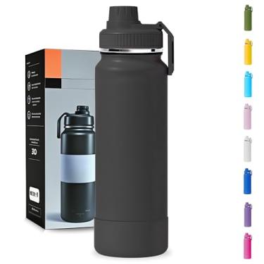 Imagem de Garrafa Térmica 1000ML - Duplamente Isolada a Vácuo, Aço Inox 304,Capa Protetora da Base de Silicone, Mantém Bebidas Gelada 24 horas e Quente 12 horas (Preto Slin)