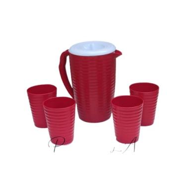 Imagem de Kit Jarra de Água e Suco com 4 Copos 300ml – Conjunto de Plástico Ondulado para Casa, Cozinha e Mesa(VERMELHA)