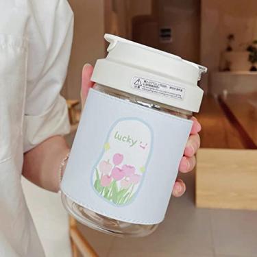 Imagem de Garrafa de vidro tulipa para café, bolha, chá, água, fofo, viagem, portátil, à prova de vazamento, copo de água com tampa de alça para presente