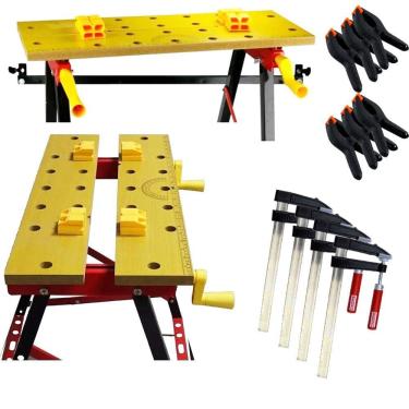 Imagem de Kit Bancada de Trabalho Ferramentas Marceneiro + 4 Grampos Sargento F + 6 Grampos Multiuso 6"