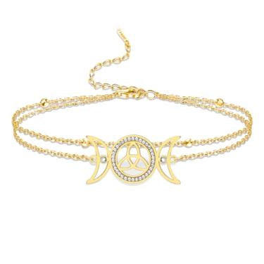 Imagem de VASSAGO Pulseira de Deusa da Lua Tripla Aço Inoxidável Pulseira com Pingente de Nó Celta Ajustável em Camadas Tornozeleira Wicca Amuleto Joias Irlandesas para Mulheres, One Size, Aço inoxidável, Sem