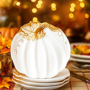 Imagem de FillTouch 4 peças de pratos de abóbora de cerâmica de 19 cm, pratos de doces de outono, pratos de Ação de Graças, tigela de servir para festa de Halloween outono utensílios de jantar
