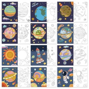 Imagem de LSORPWK 12 pacotes de tela pré-desenhada para pintar, 20,3 x 25,4 cm Planet Pre-Printed Paint Party para crianças, quadros de pintura de contorno de tela pré-esticada para iniciantes, estudantes