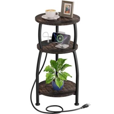 Imagem de Yuede Mesa lateral redonda pequena com estação de carregamento, mesa de cabeceira rústica de 3 andares de madeira e metal, mesa de centro com destaque para espaço pequeno, prateleira de armazenamento