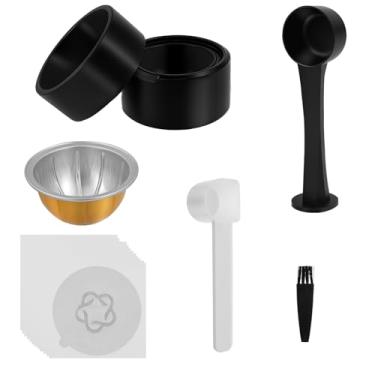 Imagem de Kit de refil reutilizável, cápsulas reutilizáveis de vedação mais rápida com escova de enchimento e pressão, 100 peças de tampas de alumínio para cápsulas recarregáveis Vertuo, conjunto de cápsulas