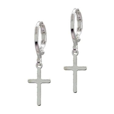 Imagem de Brinco folheado a prata argola cruz pequena semijoias em caixa de luxo