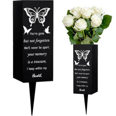 Imagem de WEBEEDY Vasos de cemitério para túmulos de borboleta com cravos, decoração de cemitério, vaso memorial para túmulos ao ar livre, suporte de flores para família de perda, 7,5 x 19 cm