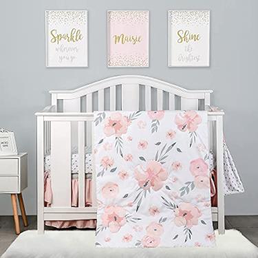 Imagem de PINNKKU Conjunto de cama de berço de 4 peças para meninos e meninas, inclui saia, cobertor, lençol e bolsa de fraldas, floral, tamanho padrão