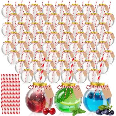 Imagem de Yaomiao Garrafas de plástico para clientes de 473 ml vazias para bebidas com tampas de alumínio e canudos de papel ornamentos de lâmpada esférica transparente copos para doces, centros de mesa