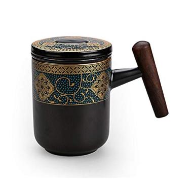 Imagem de Caneca de cerâmica caneca de cerâmica retrô cor fosca capacidade de esmalte caneca com tampa filtro de alça oblíqua copo de café copo de chá de separação portátil 300ml casa e escritório (cor: preto)
