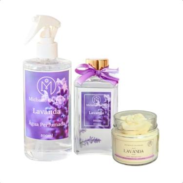 Imagem de Kit 3 Peças Difusor Aromatico de Lavanda 250ml Artesanal + Vela Perfumada + Água Perfumada 500ml