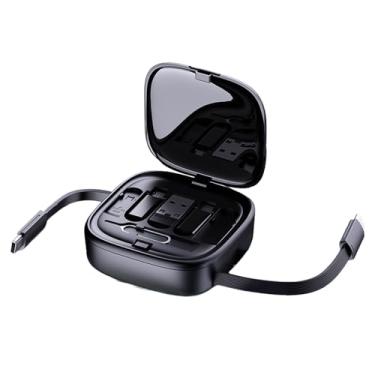 Imagem de Conjunto organizador de cabos retráteis 3 em 1, caixa de armazenamento multifuncional com cabo de carregamento ajustável de 4 comprimentos, carregamento rápido de 60 W, inclui adaptadores USB-C/Micro