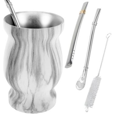 Imagem de Conjunto de xícara de chá mate de aço inoxidável de 227 g com pincel de palha, colher de palha, canudo plano e tampa, xícara de chá de erva mate, café, água, mate, xícara de erva-mate, para chá mate