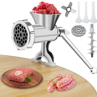 Imagem de RWWPJLLWHR Moedor de carne manual com manivela de carne à prova de ferrugem moedor de salsicha de mesa picador de carne de porco com 3 tubos de máquina de salsicha máquina de moer carne multifuncional