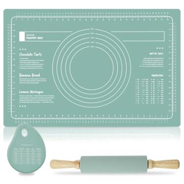 Imagem de Conjunto de tapete de silicone com rolo de massa e raspador de massa de silicone resistente ao calor, tapete retangular antiaderente para biscoitos de massa de pizza (verde)