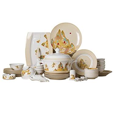 Imagem de Conjunto de jantar de cerâmica, caixa de presente, conjunto de 46 utensílios de jantar de porcelana | Conjunto de tigela de cereal de porcelana e prato de bife para presente de inauguração de casa de