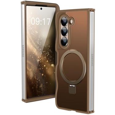 Imagem de KMAMBAG [Suporte magnético e moldura ondulada] Capa para Samsung Galaxy Z Fold 5 [Apto para Mag Safe] [Proteção contra quedas militar] Capa de anel de telefone translúcida Z Fold 5 não amarela, para