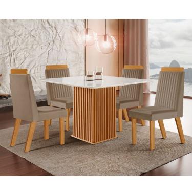 Imagem de Conjunto Sala de Jantar Mesa Riviera com Tampo de Vidro 90cm e 4 Cadeiras Riviera LJ Móveis - Castanho Cinamomo/ Capuccino/Off White