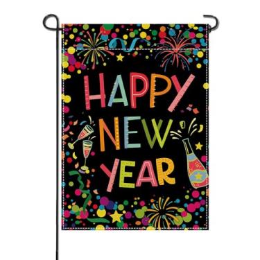 Imagem de Artofy Feliz Ano Novo 2026 Pequena Bandeira Decorativa de Jardim, Bolinhas Coloridas Fogos de Artifício Champanhe Celebração Quintal Decoração Externa de Natal Inverno Serapilheira Exterior Decoração