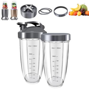 Imagem de Conjunto de 8 peças de copos de liquidificador e lâmina de substituição para Nutribullet, 2 peças de copos de 940 ml e lâminas extratoras premium, tampas dobráveis e anéis de tampa, compatível com