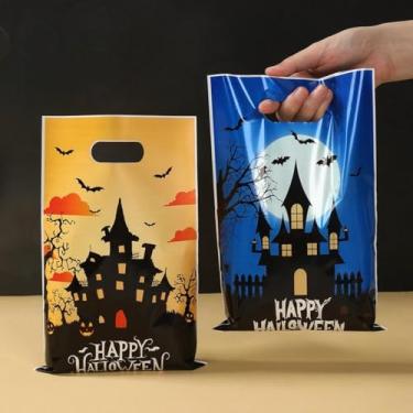Imagem de 50 peças de sacos de embalagem de biscoitos doces tema Halloween abóbora castelo padrão saco de presente festa festiva bolsa de plástico decoração de casa 25 * 16,5 * 0,1 cm 2 estilos aleatórios