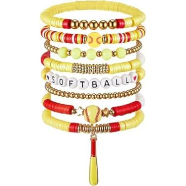 Imagem de KLSKLYL 【Conjunto de 8 peças de pulseiras Super Bowl】 Pulseiras com tema esportivo para dia de jogo – Conjunto de miçangas unissex de futebol, basquete, vôlei e beisebol, One Size, Argila de polímero