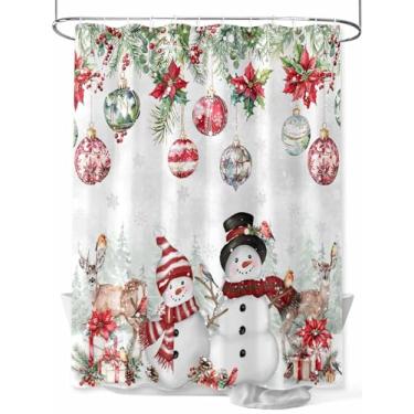 Imagem de Cortina de chuveiro branca com bonecos de neve de Natal, folhas de bola de veado, tecido lavável à prova d'água, conjunto de cortinas de banheiro para decoração de banheiro, 182 x 182 cm de