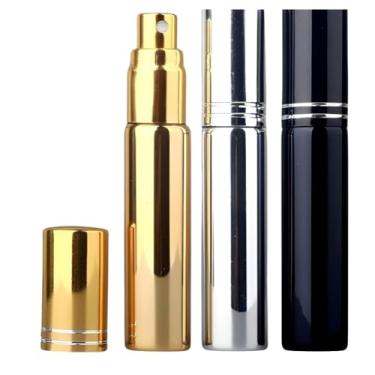Imagem de Kit com 3 Mini Frasco Portátil de Perfume de Vidro Recarregável com Borrifador Spray Ideal para Levar na Bolsa Estojo de Maquiagem Prático e Compacto Com Capacidade de 10ml (Preto, Cinza e Dourado)