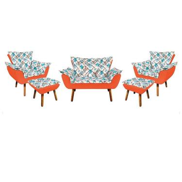 Imagem de Kit 01 Namoradeira Com 02 Poltronas E 02 Puffs Opala Composê Suede Com Estampado Traçado Azul D33 Pés Palito Castanho Laranja