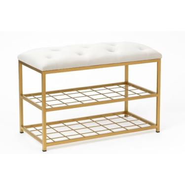 Imagem de Banco Sapateira 2 Andares Metal Dourado com Estofado Veludo Reforçado Puff(47x30x60cm)(offwhite)