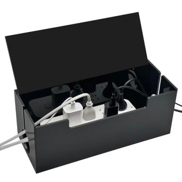 Imagem de Caixa de gerenciamento de cabos, caixa oculta com 2 compartimentos abertos, organizador de régua de energia sob a mesa e armazenamento de cabos de piso, preta