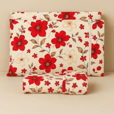 Imagem de Jogo de lençol algodão estampado com elástico todos tamanhos solteiro casal queen king size (CASAL, FLORAL VERMELHO)