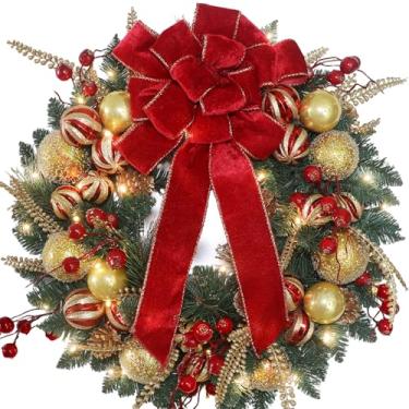Imagem de Chrisxiao Guirlanda de Natal de 61 cm para porta da frente, com 50 grinaldas de Natal pré-iluminadas de LED com bolas douradas, frutas vermelhas e laço vermelho, para casa, interior, exterior, parede