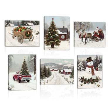 Imagem de HOURIA Conjunto de arte de parede de Natal vintage de 6 peças (20 x 25 cm), decoração de parede retrô de inverno, árvore de Natal, boneco de neve, cena de neve, rua, caminhão vermelho, impressão