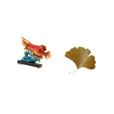 Imagem de Fenteer Escultura de Resina de Peixe Arowana, Ornamento de Mesa E Figura Decorativa Abstrata de Ferro Forjado com Folhas de Ginkgo para Parede, Ideal para Sal