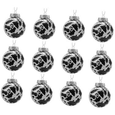 Imagem de Fenteer Conjunto de 12 bolas de Natal de 6 cm com estampa de vaca, acessórios com tema do Velho Oeste para decoração de guirlandas e arranjos natalinos, Preto Branco