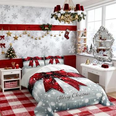 Imagem de Jogo de cama infantil King com gravata borboleta, floco de neve, feliz Natal, edredom de fantasia feliz ano novo, encarte de edredom para quarto, cinza e vermelho, 2 fronhas