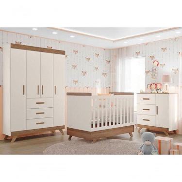 Imagem de Quarto De Bebê Retrô Maya Com Berço Americano Vitória Off White Carvalho Com Colchão Gazin - Carolina