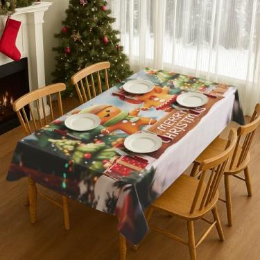 Imagem de HOMETITUTE Toalha de mesa de Natal decoração de mesa casal de gengibre com placa de feliz Natal 203 x 152 cm, capa de mesa retangular festiva para sala de jantar, decoração de inverno e festa de Natal