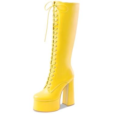 Imagem de Perisis Botas femininas de salto alto grosso, plataforma na altura do joelho, modernas, de couro, com cadarço, salto alto, cano largo, Amarelo, 42