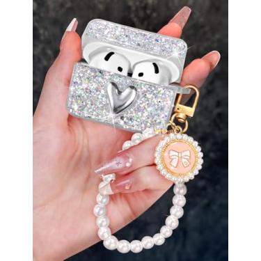 Imagem de Boaretiu Capa para AirPods 4 com chaveiro de laço de pérola - Capa protetora elegante para mulheres, lindas garotas kawaii, design exclusivo de silicone para AirPods 4ª geração 2024, coração