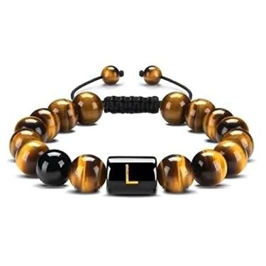 Imagem de Guz Pulseira com iniciais A-Z 10 mm Natural Preto Ônix Olho de Tigre Pulseira de Corda Trançada para Homens Pulseira de Letra, Ágata