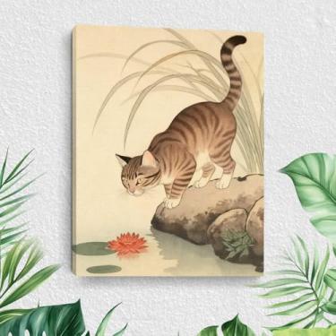 Imagem de Arte de parede em tela de lótus de gato, pinturas de arte emolduradas estilo japonês, decoração de parede, cena da natureza e amantes de gatos imagem para sala de estar, sala de jantar, decoração de