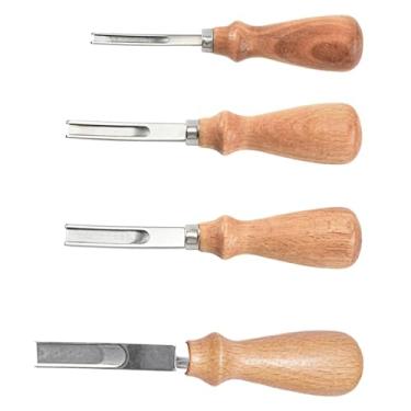 Imagem de Conjunto de facas de couro de longa duração, cabo ergonômico de madeira, lâminas de aço inoxidável, quatro larguras para trabalho em couro