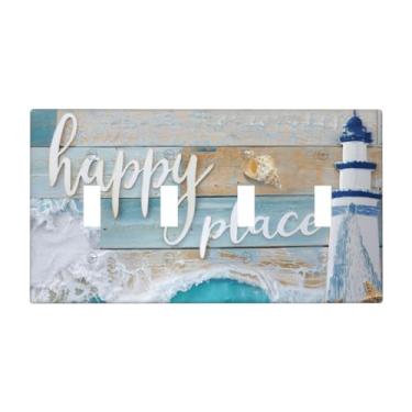 Imagem de JDAKHD Placa decorativa de cobertura para interruptor de luz costeira 4 gangues placa de parede grande vintage praia estrela do mar e arte com citação náutica, tema mar, quadriciclo, interruptor para