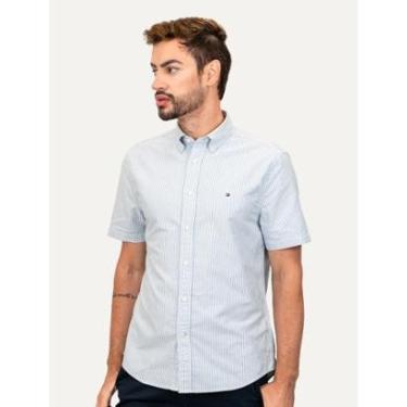 Imagem de Camisa Tommy Hilfiger Masculina Manga Curta Regular Oxford Stripes Azul Mescla-Masculino