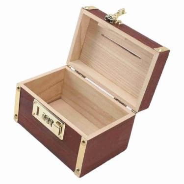 Imagem de Mingzhe Caixa de Armazenamento de Dinheiro de baú de Tesouro de Madeira Com Bloqueio de Senha Recipiente de Madeira Vintage Presente para Meninas, Meninos e Adultos (Com bordas com bainha)