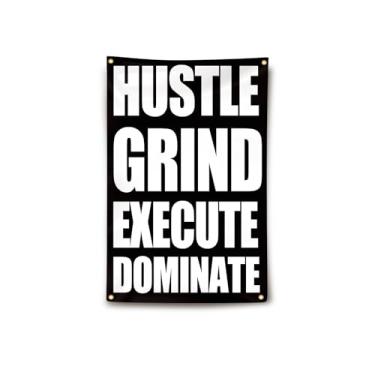 Imagem de Hustle Grind Execute Dominate Bandeira 6,5 x 7,6 m Decoração de parede de academia de ginástica com 4 argolas de latão para casa, garagem, academia