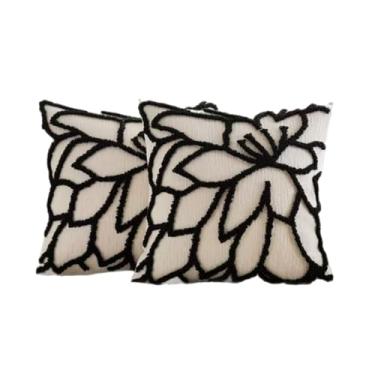 Imagem de Capas de almofada decorativas de chenille, 45,72 x 45,72 cm, design floral adornado, conjunto de 2, capas de almofada abstratas preto branco boho floral adornado moderno para cama, sofá, sala de estar