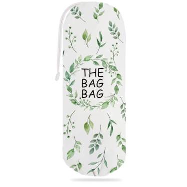 Imagem de Essme Porta-sacolas de compras de plástico com folhas de eucalipto, organizador de sacolas de compras de supermercado, decoração de cozinha de casa doce, presentes para mulheres, avó e mãe. (folha)